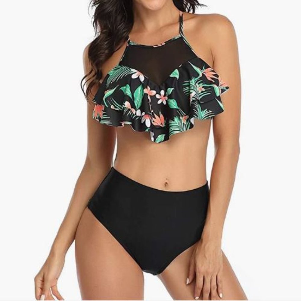COSKAKA Women's High Neck 2 Piece Bathing Suits Top Ruffled High Waist Swimsuit
